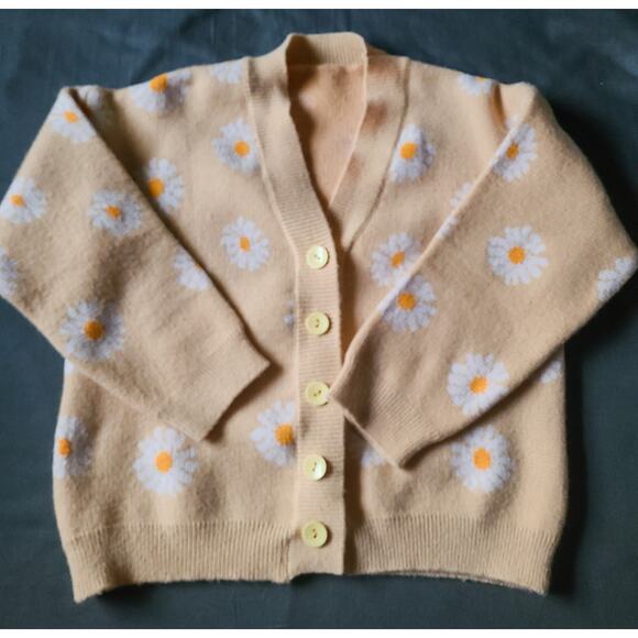 Daisy Floral Knit Cardigan Sweater Mustard Yellow Button Front Women’s Size M - Picture 1 of 3
